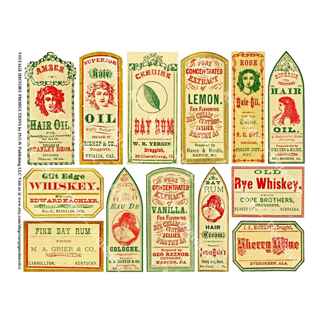 Antique Medicine Bottle Labels, Sticker Sheet, Vintage