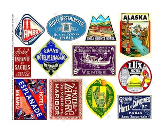 Pode incluir: Adesivos vintage de hotéis com designs e textos coloridos. Os adesivos apresentam imagens de edifícios, paisagens e marcos. O texto inclui os nomes dos hotéis, cidades e países.