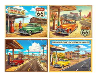 Desert Gas Station Travel and Classic Car Stickers from the The Golden Age of Travel, 4 Retro Label Stickers, Cut and Peel Sheet, 1545