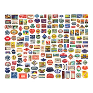 May include: A collection of vintage luggage tags with various destinations, hotels, and transportation companies. The tags are colorful and feature a variety of designs, including illustrations of airplanes, trains, and ships. Some of the tags have text in different languages, such as "Hotel Grand Smyrne", "Fiore", "Hotel Rolfs", and "Central Hotel Epinal".