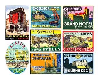 Vintage Hotel Luggage Label Stickers: Travel Trunk Decals