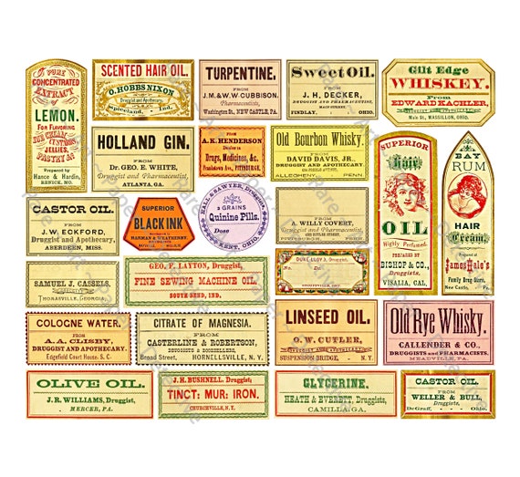 Apothecary Stickers, Antique Pharmacy Art Paper Labels, Printed Sheet,  Druggist Bottle & Jar Label Decals, Halloween and Bath Décor, 370N 