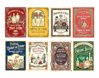 Perfume, Cologne, French Toilet Water Label Stickers Old Fashioned 1930s Bathroom Bottle Decor, 8 Labels, Easy Cut and Peel Sheet, 1476