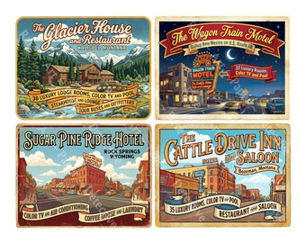 Luggage Hotel Stickers from The Golden Age of Travel, 4 Retro Baggage Labels, Cut and Peel Sheet, 1426