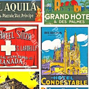 May include: A collage of vintage travel posters featuring hotels and landmarks. The posters are in various colors and feature text in different languages. Some of the posters feature images of buildings, while others feature text only. The posters are all in a vintage style.