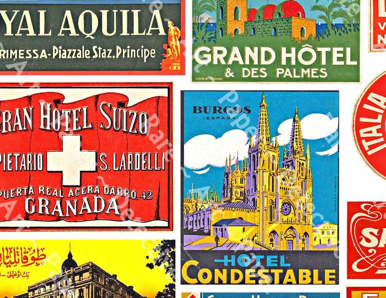 May include: A collage of vintage travel posters featuring hotels and landmarks. The posters are in various colors and feature text in different languages. Some of the posters feature images of buildings, while others feature text only. The posters are all in a vintage style.