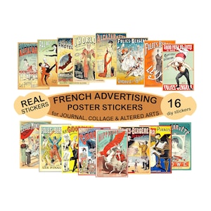 Französische Poster Aufkleber, Vintage Werbung aus Frankreich, Altered Arts und Clip Art Aufkleber, je 9,5 x 6,5 cm, 2 DIY Bastelbögen, 2P90
