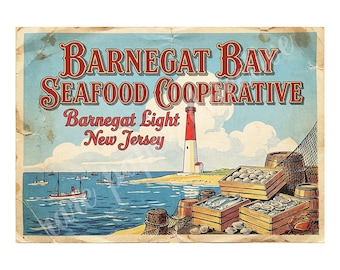 Barnegat Bay Seafood Cooperative 1940s Style Seafood Box Label Art, Retro Advertising, 7" x 10" Matte Art Print , 26-a21