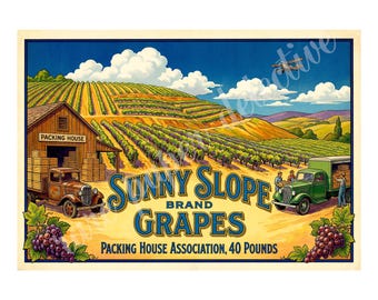 Sunny Slope Brand Grapes 1940s Style Fruit Crate Label Art, Retro Advertising, 7" x 10" Matte Art Print , 26-a29