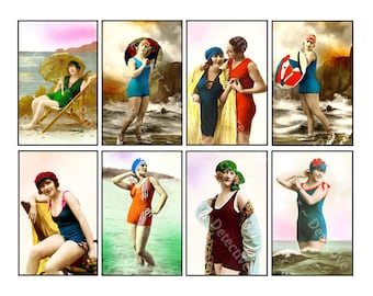 French Bathing Beauty Victorian Color Tinted Pin Up Girls Vintage Beach Old Postcards, Seashore Art, Women, 642
