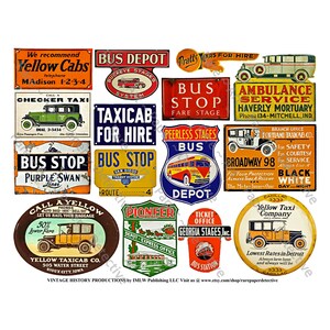 Bus Depot and Taxi Cab Signs, Sticker Sheet, Vintage Motor Coach Stop, CUT & PEEL Sheet, Ambulance Service, Gas Station Metal Signs, 743