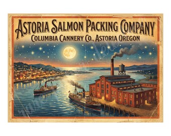Astoria Salmon Packing Company 1940s Style Label Art, Retro Advertising, 7" x 10" Matte Art Print , 26-a17