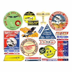 Foglio di adesivi per etichette di compagnie aeree, francobolli per posta aerea, etichetta clipart per aviazione, espresso e merci, decalcomania per bagagli di aerei, 18 immagini tagliate e staccate, 729R
