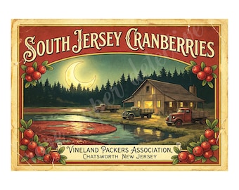 South Jersey Cranberries, Vineland New Jersey 1940s Style Fruit Crate Label Art, Retro Advertising, 7" x 10" Matte Art Print , 26-a43