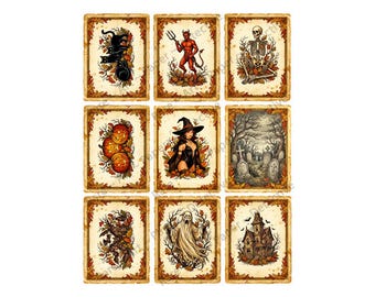 Halloween Sticker Tags and Junk Journal & Collage Crafters Antique Old World Style, 9 Tags at about 3.5" each, Cut and Peel Sheet 1574