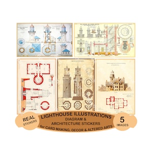 Lighthouse Stickers, Antique Lighthouse Diagram Drawings, Coastal Art and Nautical Collage Illustrations, CUT & PEEL Sheet, 1190