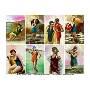 Francuskie piękno kąpieli Wiktoriańskie kolorowe przyciemniane dziewczyny pin up Vintage Beach stare pocztówki, sztuka nadmorska, kobiety, 642