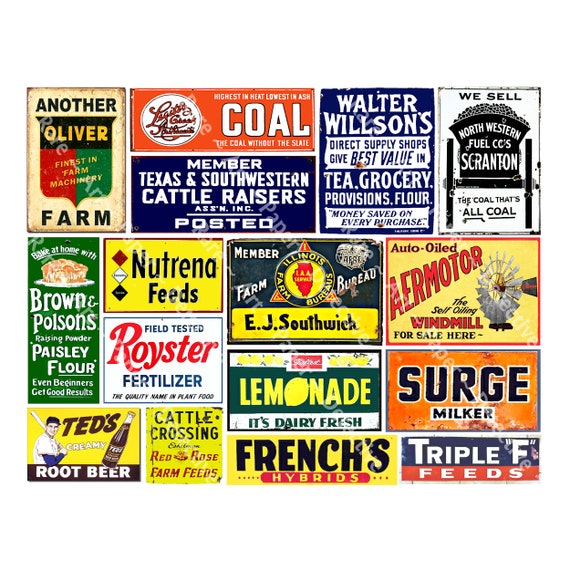 Vintage Advertising Sticker Sheet, 16 Rusty Metal Sign Illustrations, Colorful Junk Journal General Store Signs, Rustic Country Art, 208N