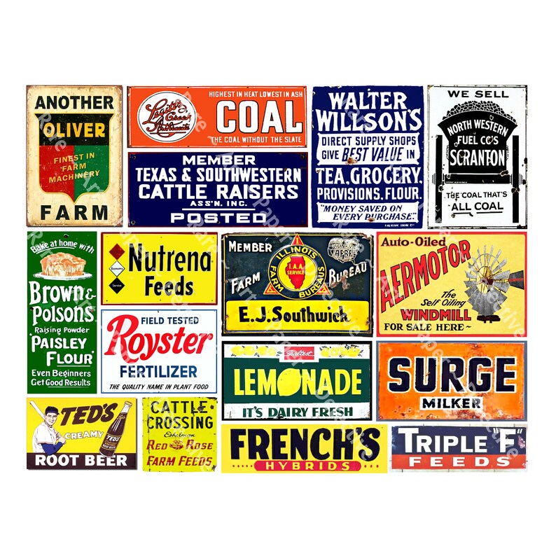 May include: A collection of vintage-style metal signs with various advertisements, including farm products, feed, coal, and lemonade. The signs are in various colors, including red, blue, yellow, and green.