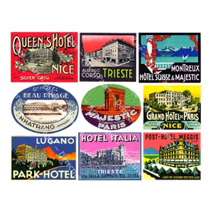 Hotel Luggage Labels, Travel Theme Clip Art Sticker, Baggage Tag, Steamship Travel Trunk Decal, Vintage Art Paper, Sticker Sheet 402N