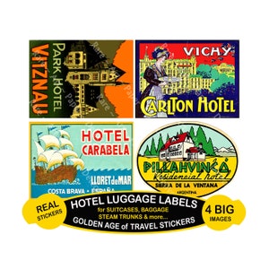 Etiquetas para malas de hotel ADESIVOS, 4 decalques para malas tamanho JUMBO em uma folha cortada e descascada, 5" x 3,75" cada, etiquetas para malas e malas Steam, 1243