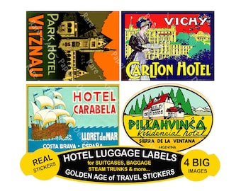 Hotel Luggage Label STICKERS, 4 JUMBO Sized Suitcase Decals on a Cut and Peel Sheet, 5" x 3.75" each, Steam Trunks & Luggage Labels, 1243