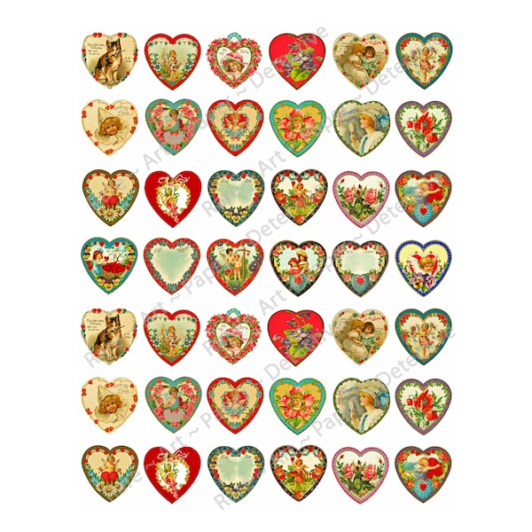 42 Pcs. Valentine's Day Hearts Set, 1.25" Envelope Seals & Junk Journal Adornments, Victorian Stickers, CUT and PEEL Sticker Sheet, 880