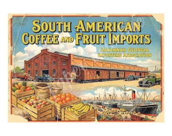 South American Coffee and Fruit Imports, 1940s Style Fruit Crate Label Art, Retro Advertising, 7" x 10" Matte Art Print , 26-a40