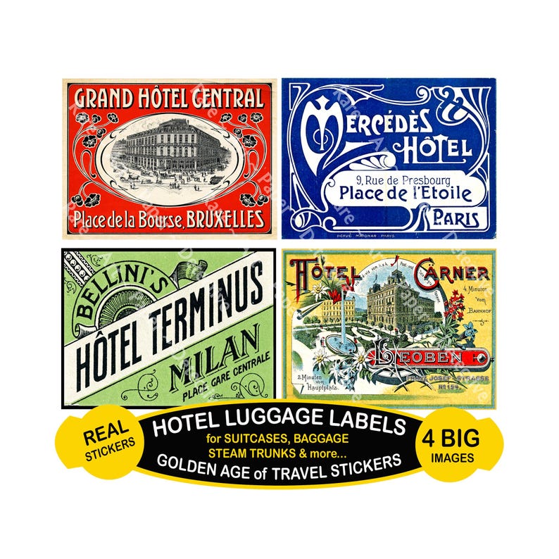 Hotel Luggage STICKERS, 4 JUMBO Sized Baggage Labels on a Cut and Peel ...