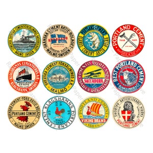 Vintage labelkunst, constructiestickers, portlandcementlabels, 12 authentiek ogende ouderwetse labels, CUT & PEEL-vel, 1230