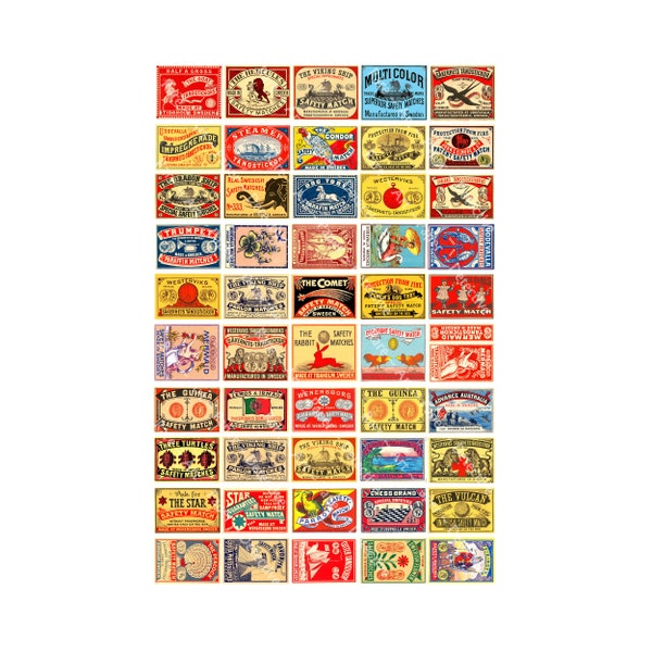 Sticker Stash Assortment, 50 Pcs. Safety Match Label Set, Authentic Sizes, 2" wide each, Junk Journals, 2 CUT & PEEL Sticker Sheets, 2P67