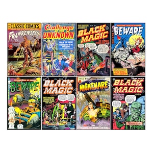 Puede incluir: Un collage de nueve portadas de cómics vintage con temas de terror y fantasía. Las portadas presentan ilustraciones de monstruos, vampiros y otras criaturas sobrenaturales. Los títulos incluyen "Frankenstein", "Challenge of the Unknown", "Black Magic", "Beware", "Nightmare", y "Black Magic".