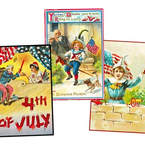 Stampe del 4 luglio, set di 3, illustrazioni patriottiche del 4 luglio e decorazioni con bandiera americana, formato cartolina autentico 3,5" x 5,5", S25