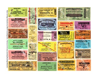 Railroad Ticket Stub Stickers, Train Ticket, Railway Travel Tags, Passenger Suitcase Labels, Antique Trolley Tickets Stubs, Travel Art, 504