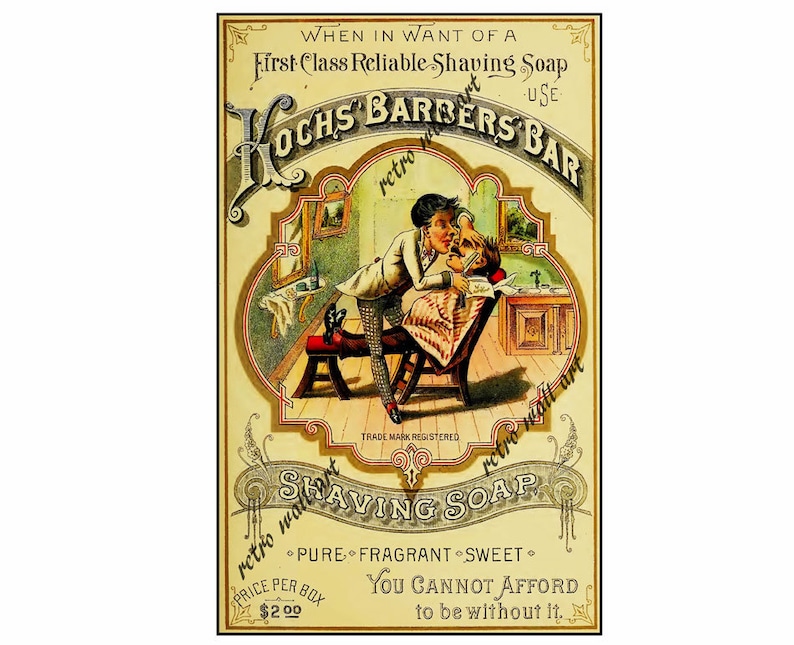 Puede incluir: Anuncio vintage para el jab&oacute;n de afeitar Koch's Barbers Bar. El anuncio presenta una ilustraci&oacute;n de dibujos animados de un barbero afeitando a un cliente. El texto dice "Cuando necesite un jab&oacute;n de afeitar fiable de primera clase, use Koch's Barbers Bar. Marca registrada. Jab&oacute;n de afeitar. Puro, fragante, dulce. No puede permitirse el lujo de estar sin &eacute;l. Precio por caja 2,00 &euro;."