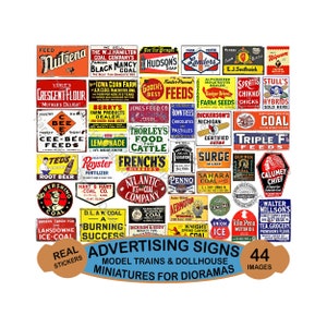 44 pcs. Vintage Advertising Signs for Model Railroads & Miniatures, Cut-Peel Sticker Sheet, Vintage General Store Images for Dollhouses, 500