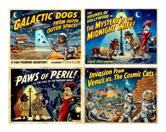Retro Dog Detective and Space Dogs & Cats 1950s Movie Poster Stickers for Decor Making, 5" x 4" each, Easy Cut and Peel Sheet, 1548