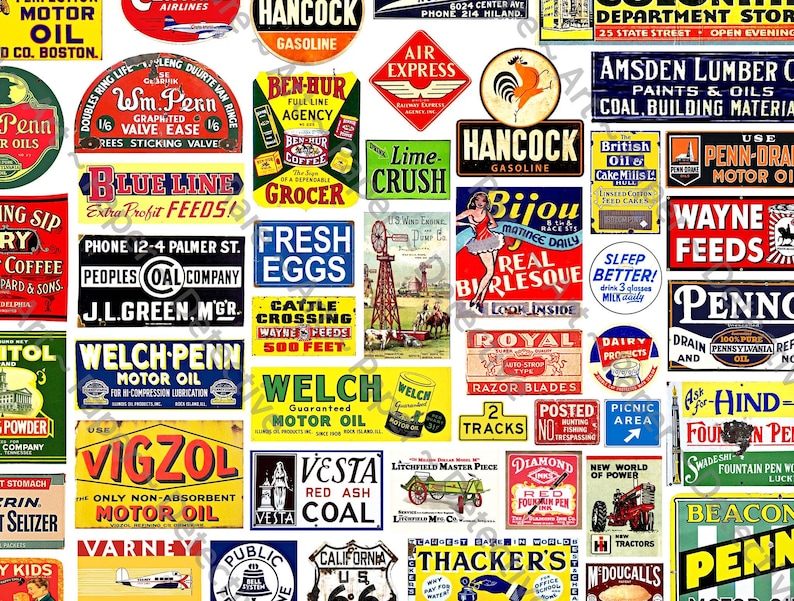 May include: A collage of vintage advertising signs with various designs and text. Signs include "Hancock Gasoline," "Fresh Eggs," "Bijou Real Burlesque," and "Welch Motor Oil." The signs are in various colors and shapes.