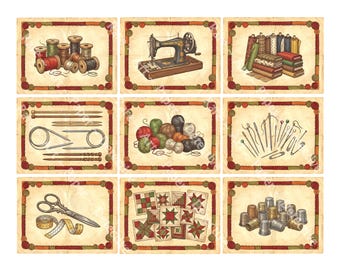 Sewing Notions Sticker Tags and Junk Journal & Collage Crafters Antique Old World Style, 9 Tags at about 3.5" each, Cut and Peel Sheet 1571