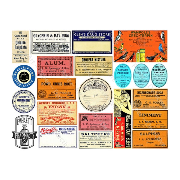 Antique Druggist Labels, Sticker Sheet, Vintage Pharmacy, Apothecary Labels, Old Medicine Bottles, Lotions and Potions, Home Decor, 278c