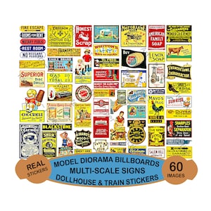 Model Railroad & Dollhouse Signs, Sticker Sheet, 60 Multi Scale Hobby Images, Miniature Vintage Advertising Signs for Train Layouts, #1009
