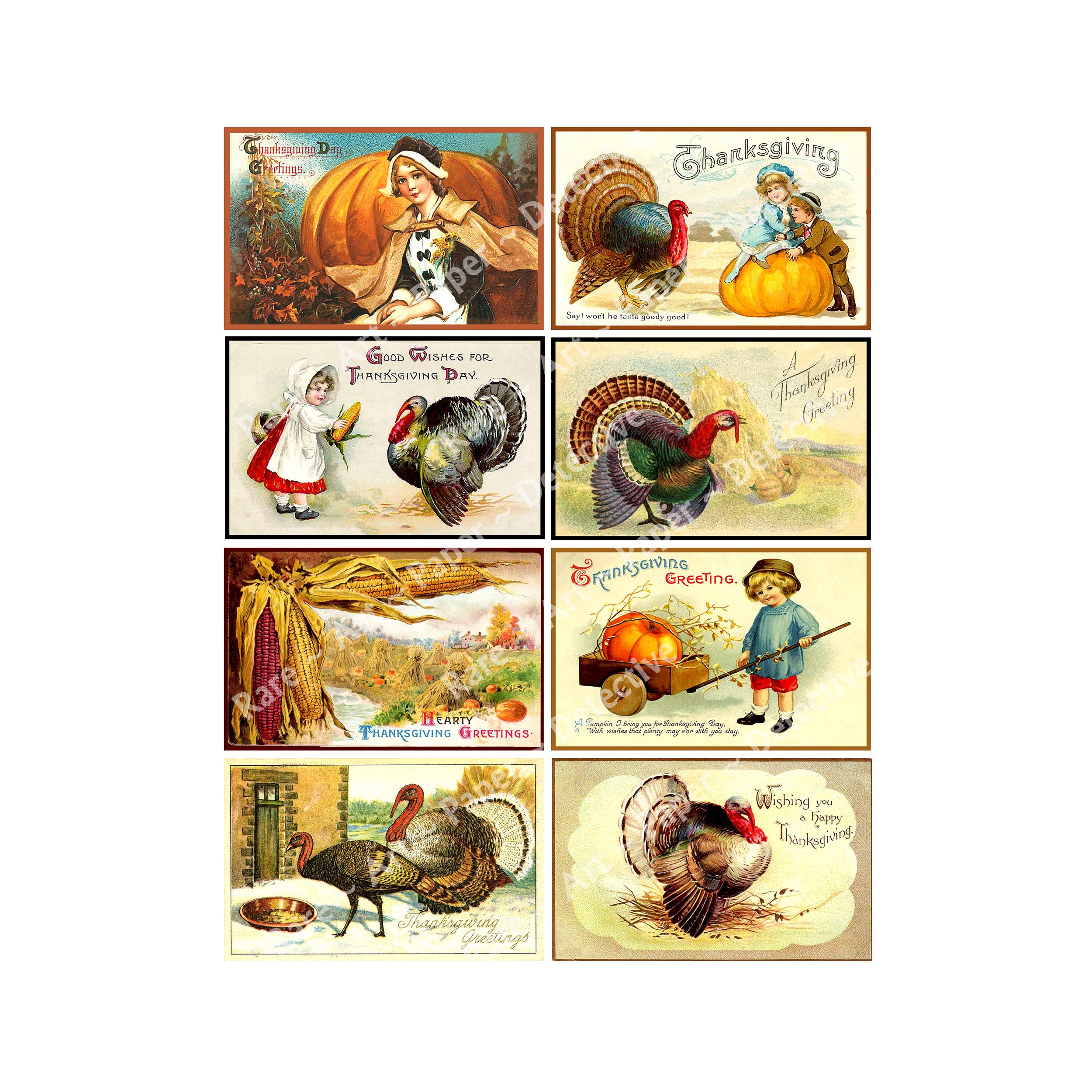Thanksgiving Illustrations, 8 Vintage Postcard Inspired Stickers,  Thanksgiving Décor, Card Making, 4\, image size:2500x2500