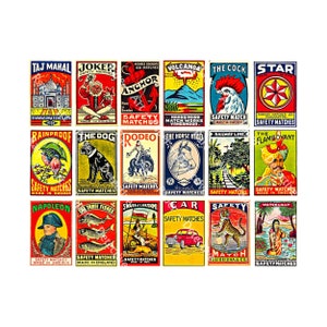 Pubblicità di fiammiferi, 18 adesivi, 1 foglio, vecchie copertine di fiammiferi, album di ritagli, collage, clip art, assortimento di carta, scatola di fiammiferi antica, clipart, 424