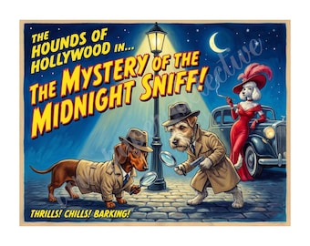 Retro Movie Poster, Classic 1950s Cinema Print, Hounds of Hollywood, Dog Detectives, 8" x 10.5" Matte Finish Art Accent Print, e10