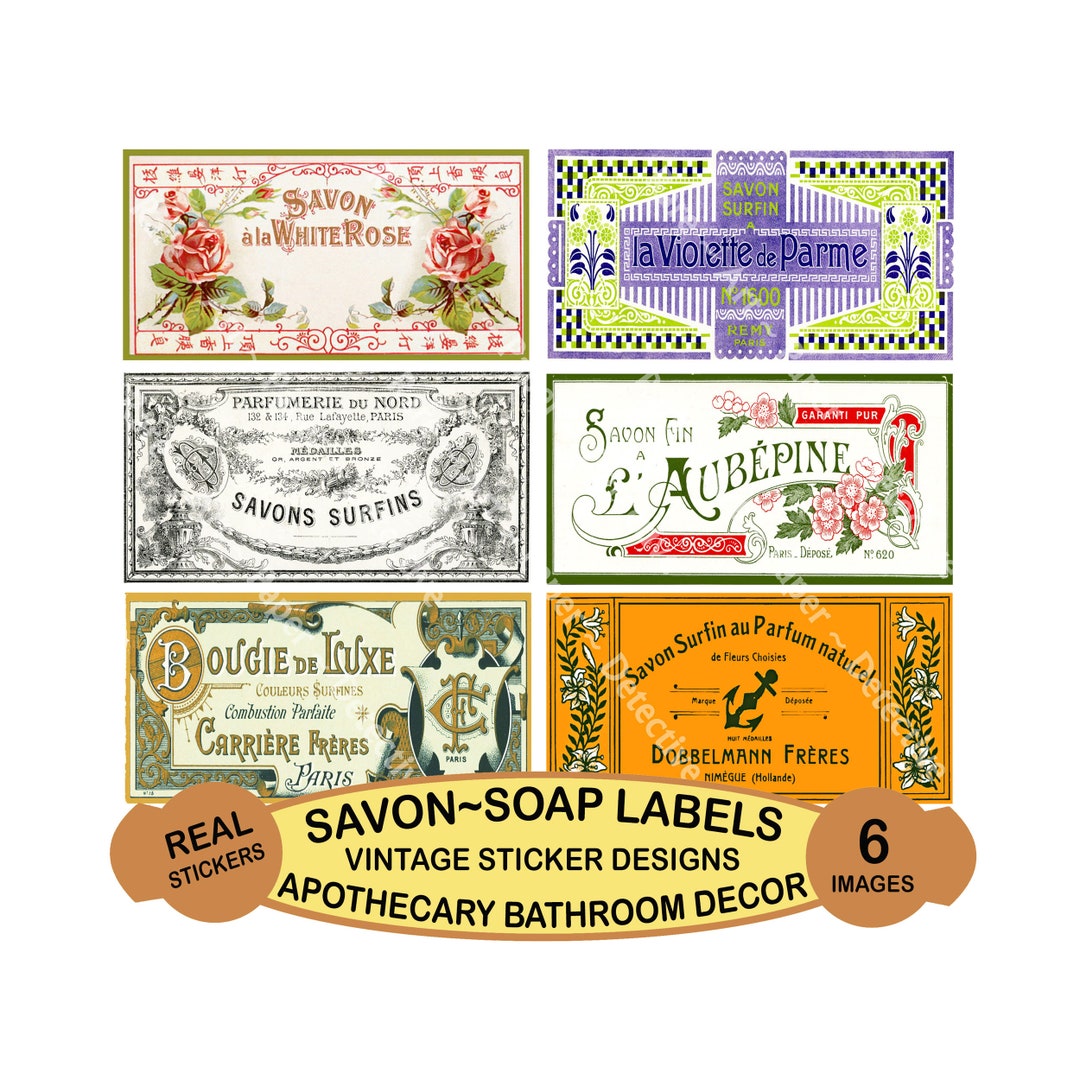 French Savon Bath Soap, STICKER Sheet, 6 Antique French Soap Labels