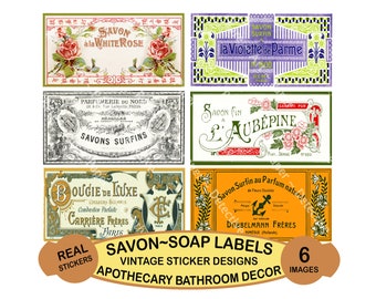 Fransk Savon badtvål, KLÄSTEARKARK, 6 antika franska tvåletiketter, vintage blommig fransk etikett, elegant viktoriansk collage clipart, 522N