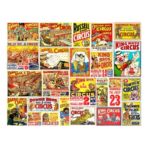 May include: A collage of vintage circus posters featuring colourful illustrations of clowns, animals, and performers. The posters advertise various circuses, including King Bros. Circus, Barnes Bros. Circus, and Hagenbeck-Wallace Circus. The posters feature dates and locations for upcoming performances.