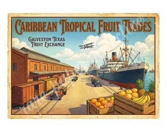 Caribbean Tropical Fruit Trades, 1940s Style Fruit Crate Label Art, Retro Advertising, 7" x 10" Matte Art Print , 26-a36