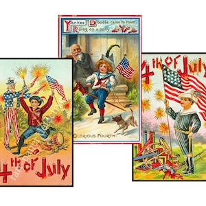 4th of July Prints, Set of 3, Patriotic Fourth of July & American Flag Decorating Illustrations , Authentic 3.5 » x 5.5 » Postcard Size, S21