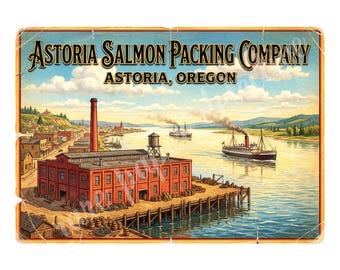 Astoria Salmon Packing Company 1940s Style Label Art, Retro Advertising, 7" x 10" Matte Art Print , 26-a16